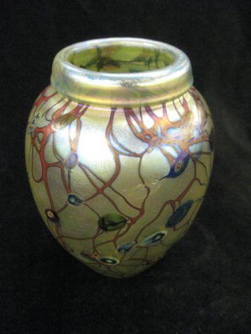 Appraisal: Art Glass Vase irridescent trailing vine on golden amber tall