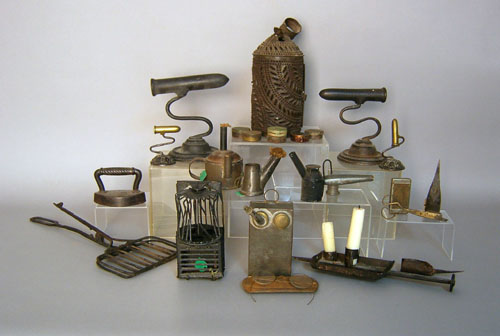 Appraisal: Metalware to include candlemold gophering irons tin lamps etc