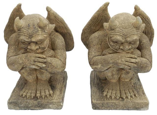 Appraisal: pair Cast stone garden statuary Hilda Gargoyles th c each