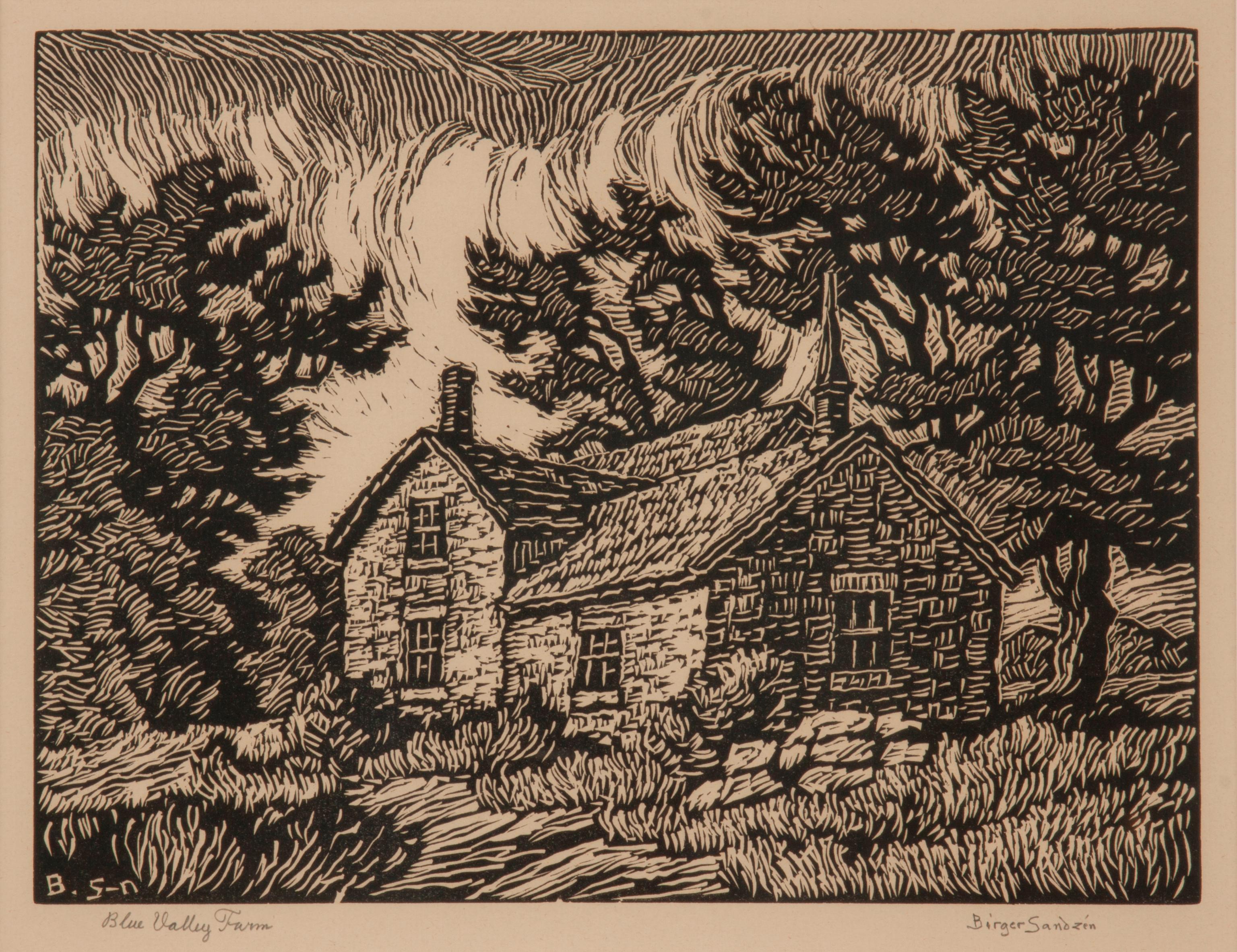 Appraisal: BIRGER SANDZEN 'BLUE VALLEY FARM' PENCIL-SIGNED LINOCUT Birger Sandzen Swedish-American