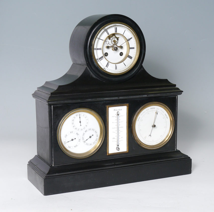 Appraisal: FRENCH SLATE MANTLE CLOCK WITH BAROMETER Black slate case with