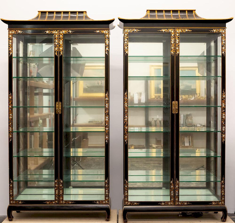 Appraisal: Pair Black Lacquered Chinoiserie Display Cabinets American th century black