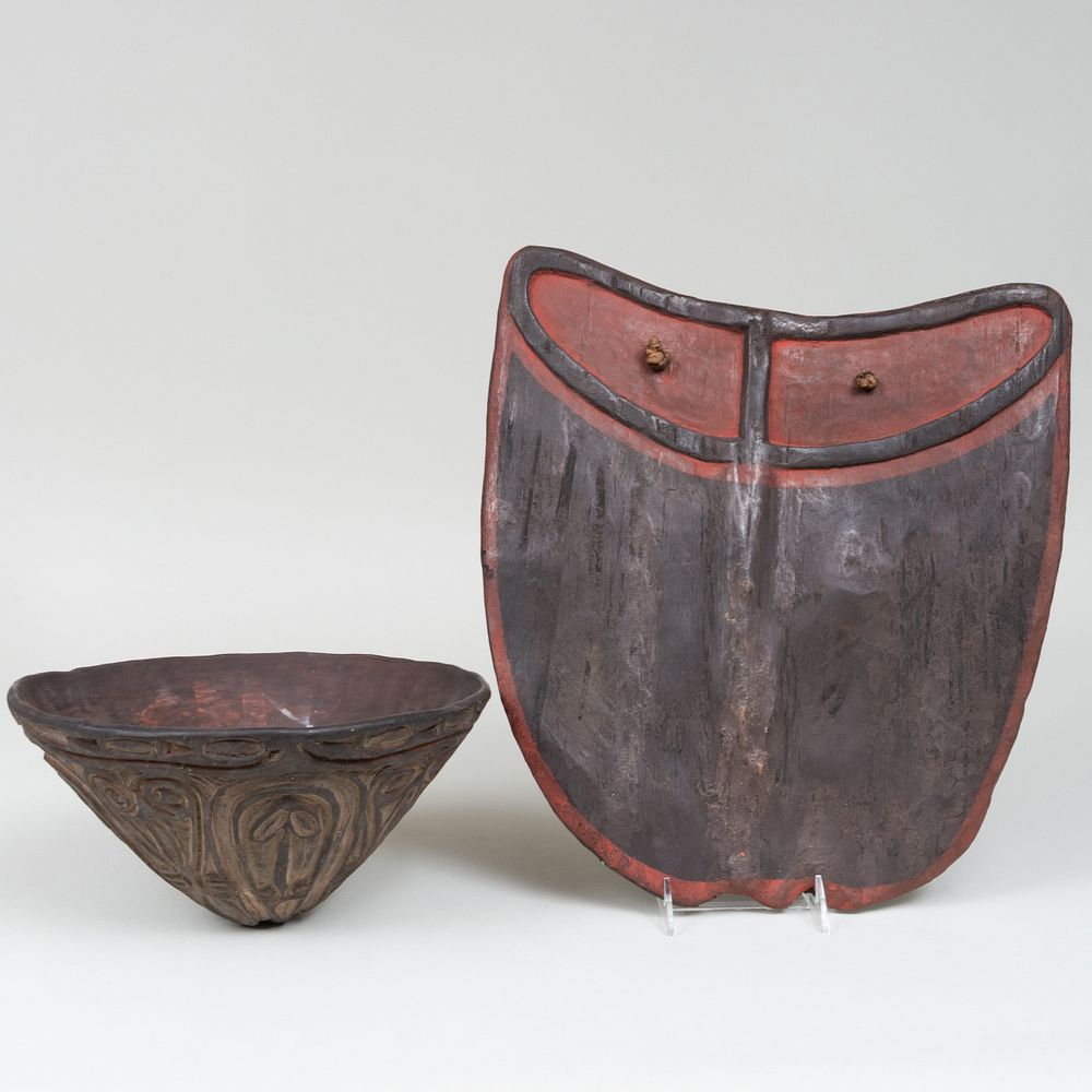 Appraisal: Ethnographic Painted Pottery Bowl and a Painted Wood Shield The