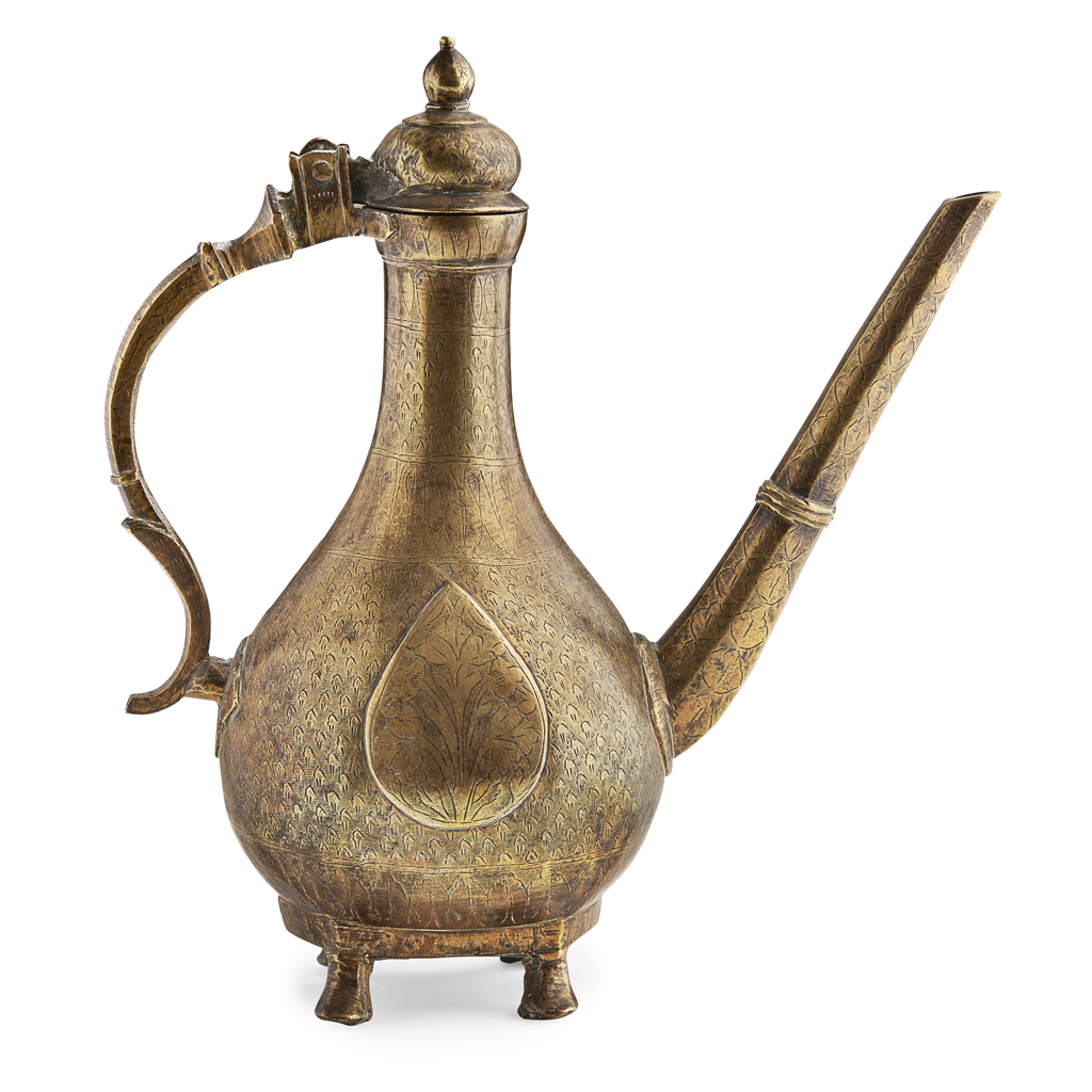 Appraisal: PERSIAN BRASS COVERED EWER TH CENTURY the hinged domed cover