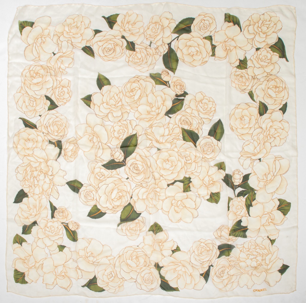 Appraisal: CHANEL WHITE ROSE MOTIF SQUARE SILK CHIFFON SCARF Chanel square