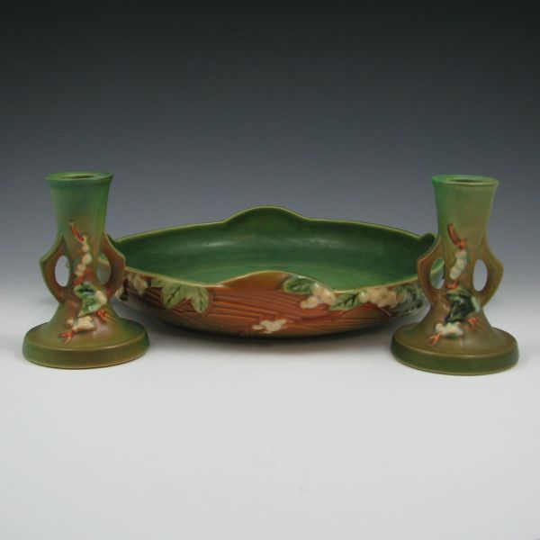 Appraisal: Three-piece Roseville Snowberry console set in green including a BL