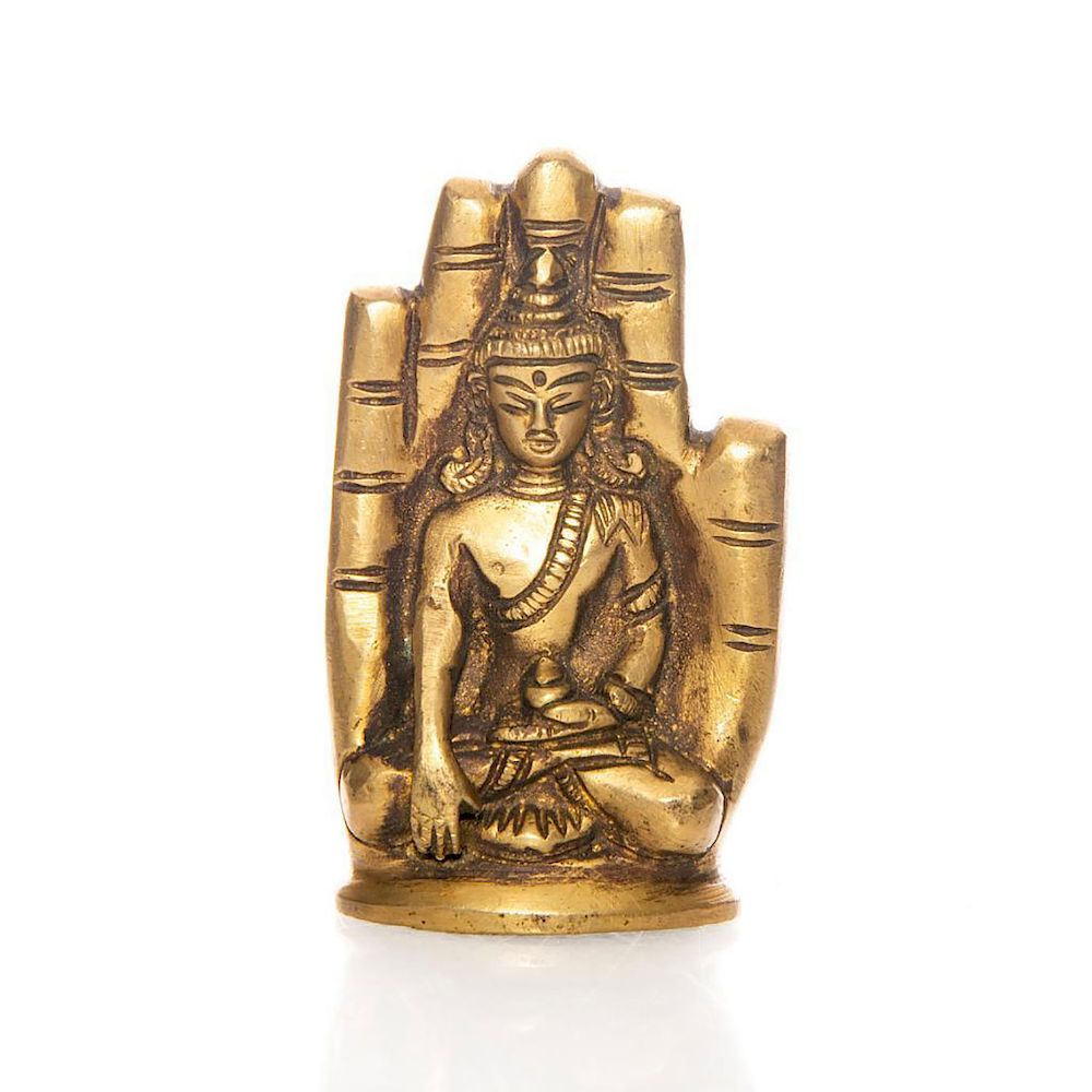 Appraisal: SMALL BRONZE BUDDHA ON PALM OF HAND Hand molded buddha