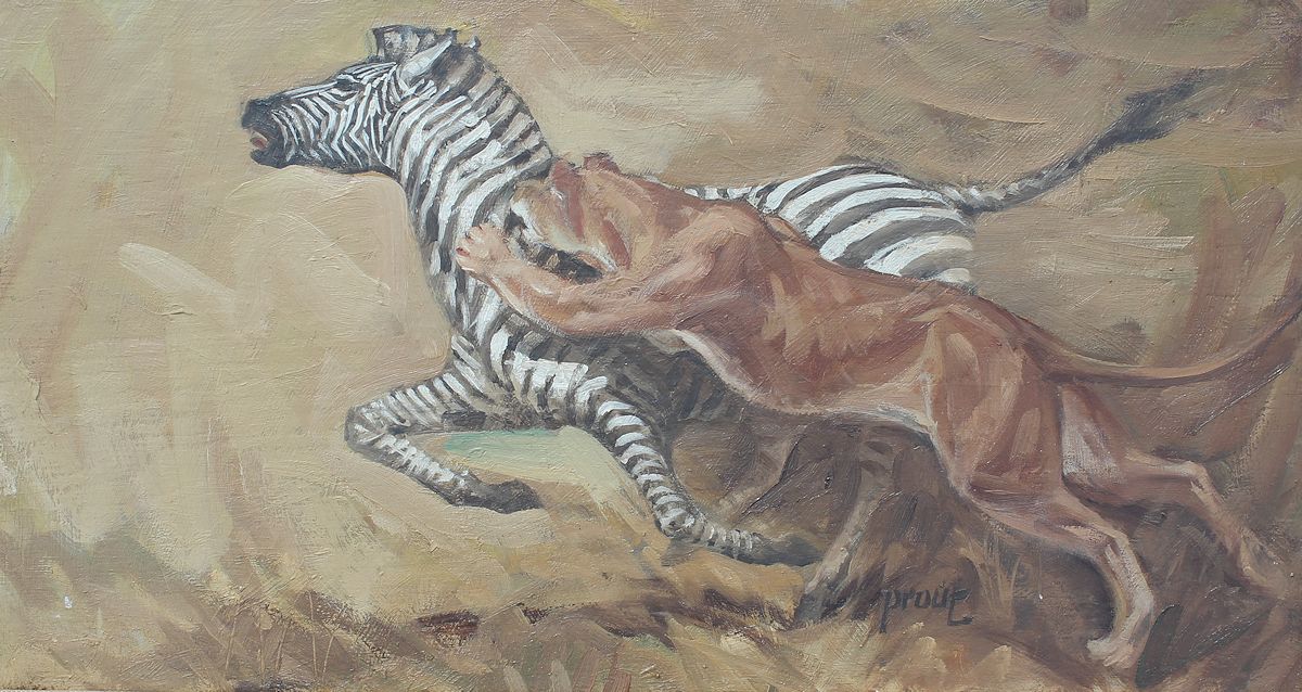 Appraisal: PROUT George American - Lion Taking Down Zebra Oil Board