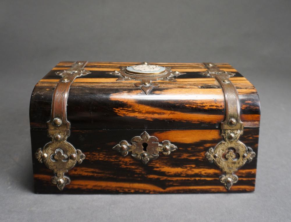 Appraisal: VICTORIAN BRASS MOUNTED CALAMANDER WOOD JEWELRY CHEST WITH FITTED INTERIOR