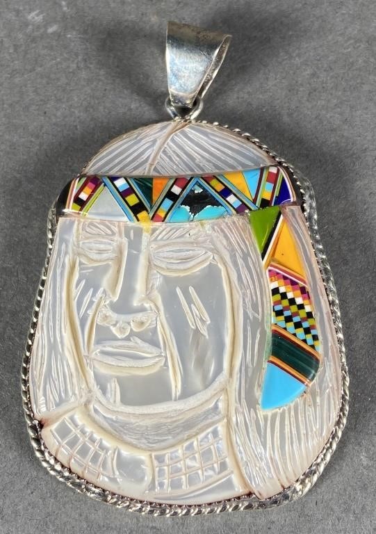 Appraisal: Beautiful micro inlaid pendant of a Native American man Abalone