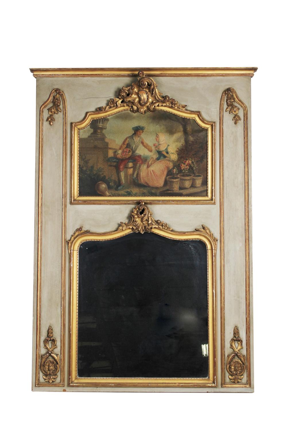 Appraisal: FRENCH PAINTED PARCEL GILT TRUMEAU MIRRORCondition loss of gilding and