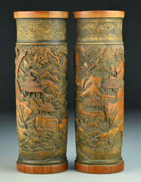 Appraisal: Pr Chinese Qing Bamboo Tall Open VasesVery finely carved to