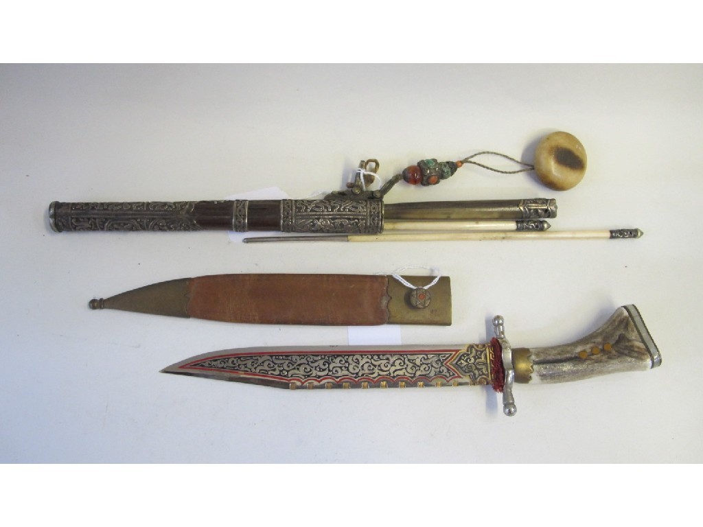 Appraisal: Lot comprising hunting knife and an Eastern dagger with chopsticks