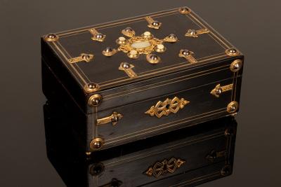 Appraisal: A late th Century ebonised and brass mounted sewing box