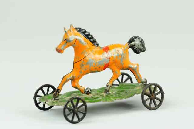 Appraisal: HORSE ON PLATFORM Fallows early American tin pull toy hand