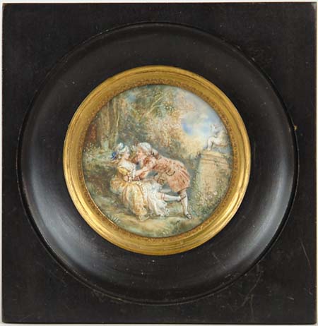 Appraisal: ROUND MINIATURE ON IVORY COURTSHIP SCENE SIGNED SIMONET Housed in