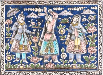 Appraisal: A Qajar rectangular panel moulded with three young ladies dancing