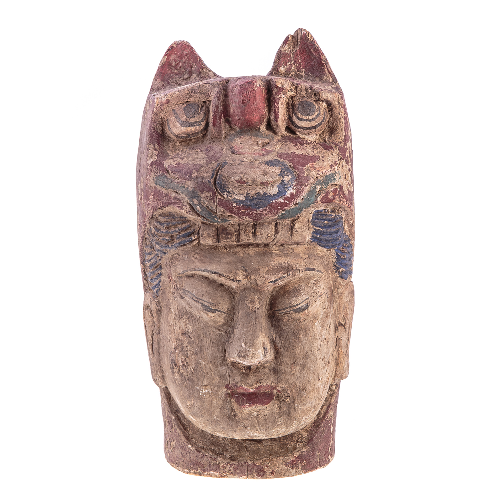 Appraisal: CHINESE CARVED WOOD BODHISATTVA HEAD With polychrome decoration in H