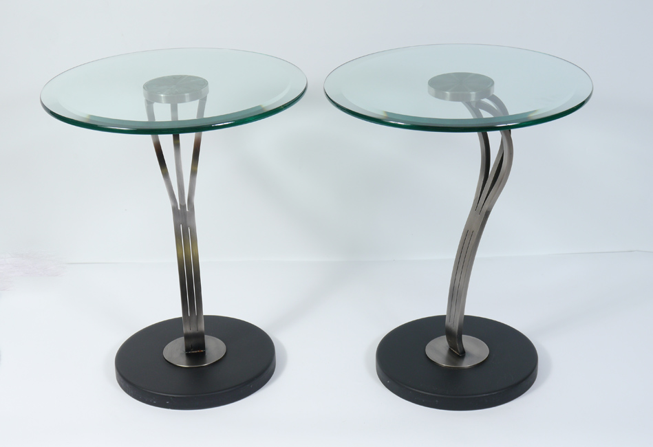 Appraisal: PAIR OF CONTEMPORARY STEEL GLASS TOP SIDE TABLES Beveled round