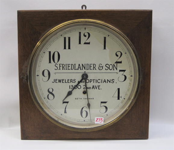 Appraisal: SQUARE OAK-CASED JEWELER'S WALL CLOCK Seth Thomas Clock Co c