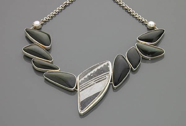 Appraisal: Pottery Sherd and Rainbow Obsidian Necklace Centering on a triangular