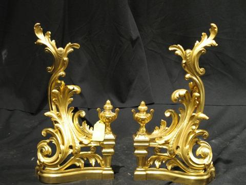 Appraisal: PAIR FRENCH LOUIS XV STYLE BRASS DORE CHENETS h w