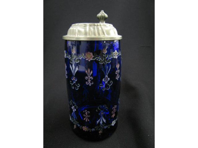 Appraisal: German Art Glass Stein pewter lid liter fancy floral on