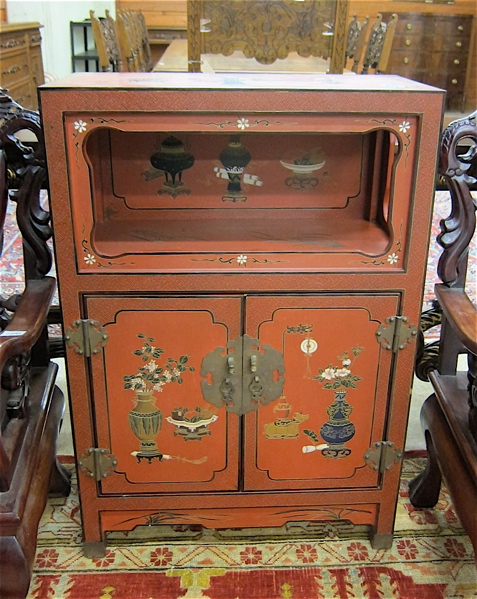 Appraisal: CHINESE RED LACQUER SIDE CABINET having a rectangular top raised