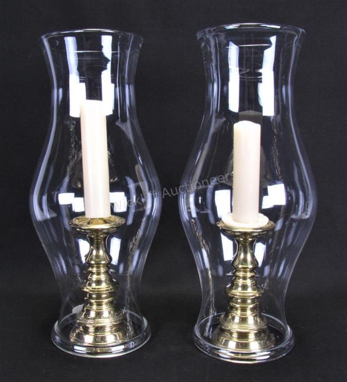 Appraisal: Pair of Williamsburg Restoration Hurricanes pair of brass candlesticks fitted