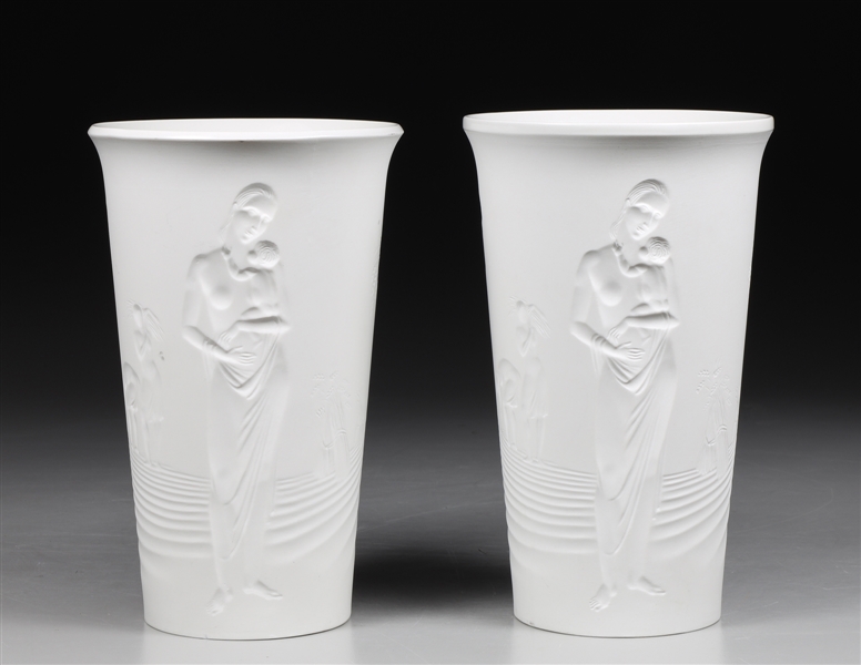 Appraisal: Pair KPM art deco Erntebecher bisque porcelain vases c surface