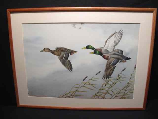 Appraisal: Boris Riab watercolor painting depicting three flying ducks Signed in