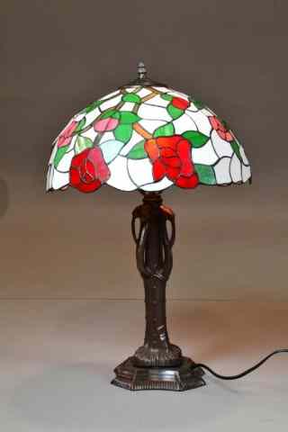 Appraisal: ART NOUVEAU METAL LAMP WITH STAINED GLASSMetal lamp base with