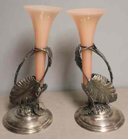 Appraisal: Pair of Silverplate Pink Opaline Vases Great leaf and floral