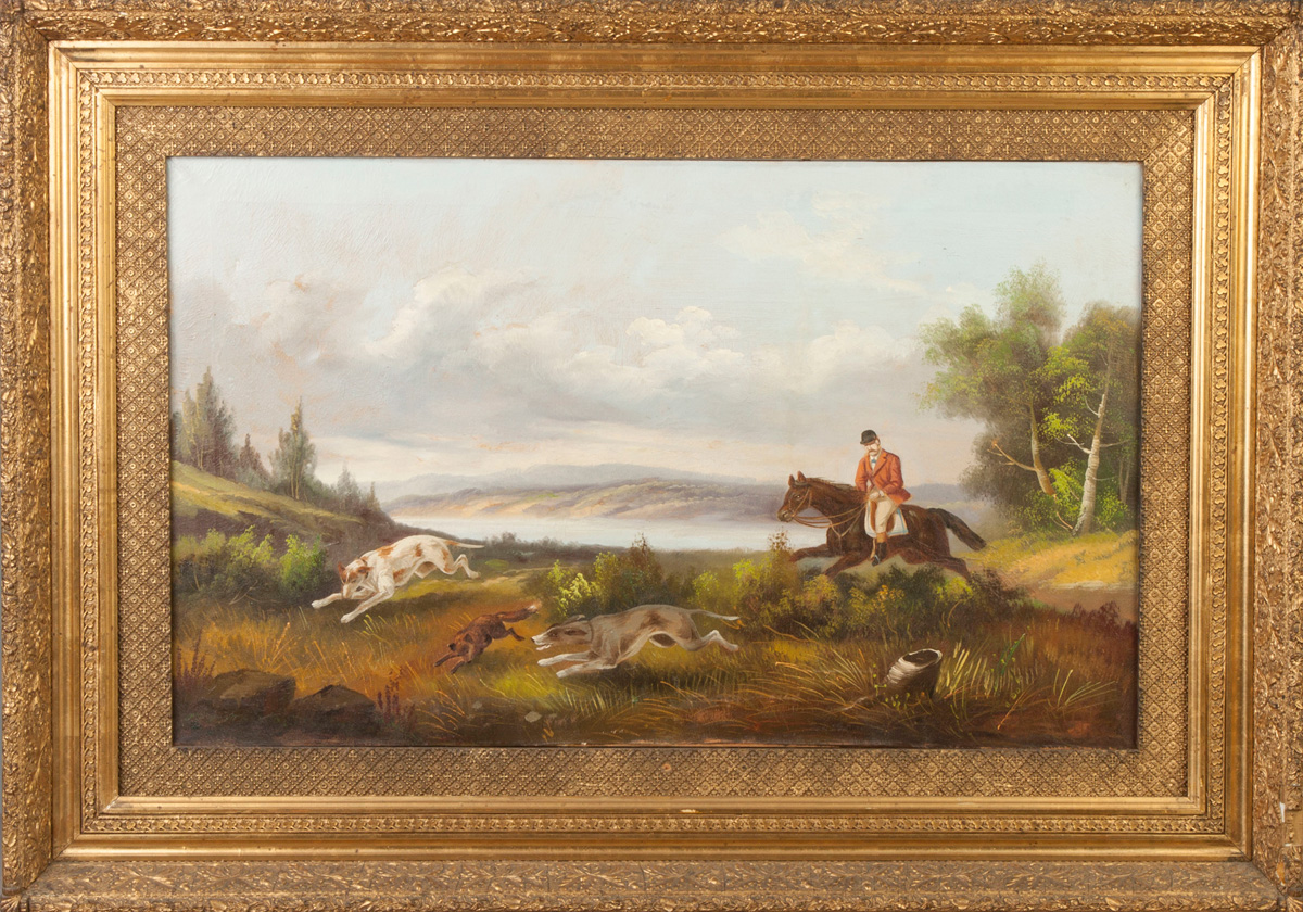 Appraisal: th Cent Painting Fox Hunting Along the River Oil canvas