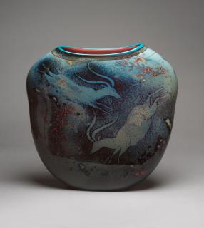 Appraisal: Petroglyph Vessel Turquoise Lip Wrap by William Morris Hand-blown glass