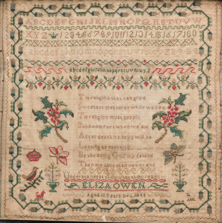 Appraisal: SAMPLER American or English silk on linen Finely stitched acorn