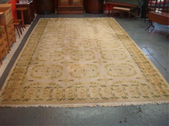 Appraisal: Handmade green almond open field carpet Great quality Needs cleaning