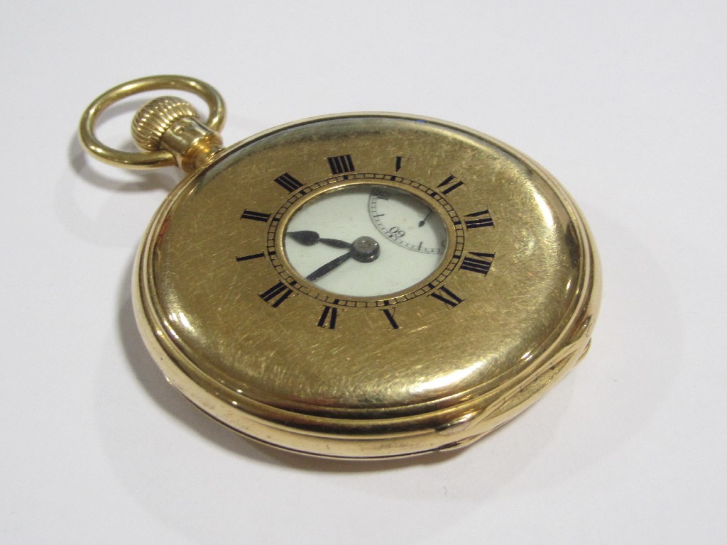 Appraisal: An eighteen carat gold half hunter pocket watch with white