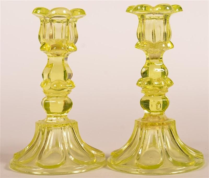 Appraisal: Pair of Vaseline Flint Glass Candlesticks Pair of th Century