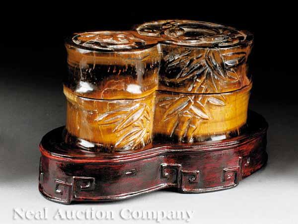 Appraisal: A Small Chinese Double Gourd-Shaped Tiger's Eye Box on Stand