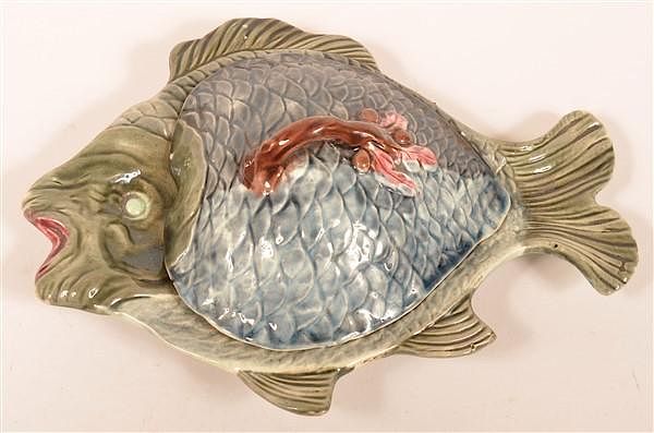 Appraisal: Majolica Pottery Fish Form Covered Dish Majolica Pottery Fish Form