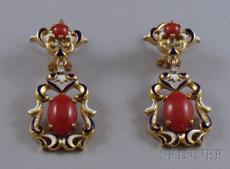 Appraisal: kt Gold Coral Enamel and Diamond Earpendants each elaborate scrolling