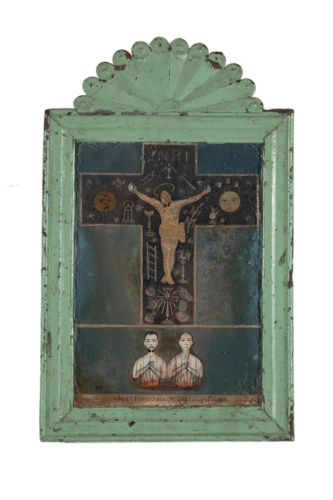 Appraisal: Spanish Colonial Devotional Crucifixion Retablo Spanish Colonial Devotional Crucifixion Retablo