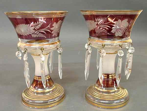 Appraisal: Pair of glass lusters with etched leaf decoration h