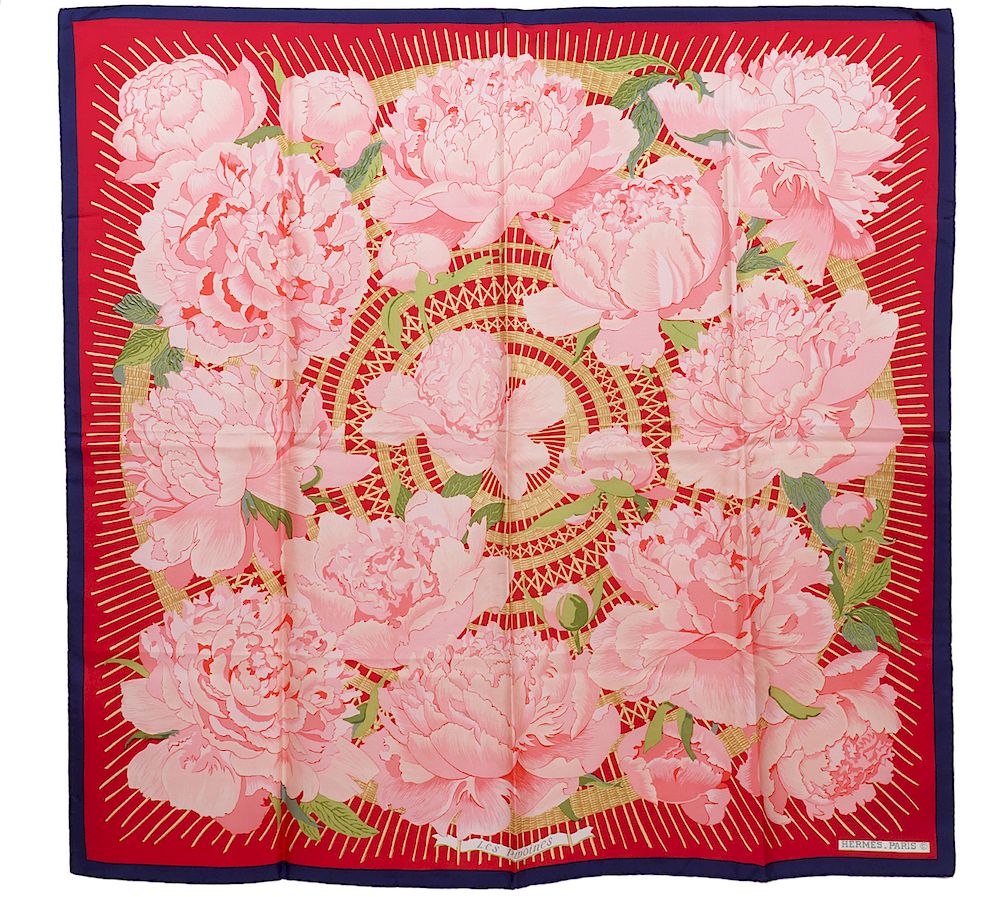 Appraisal: Hermes Les Pivoines C Vauzelles Silk Scarf Hermes Les Pivoines