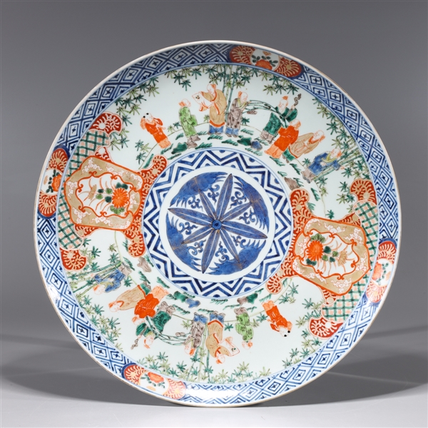 Appraisal: Chinese famille verte enameled porcelain charger with gilt detail scholars