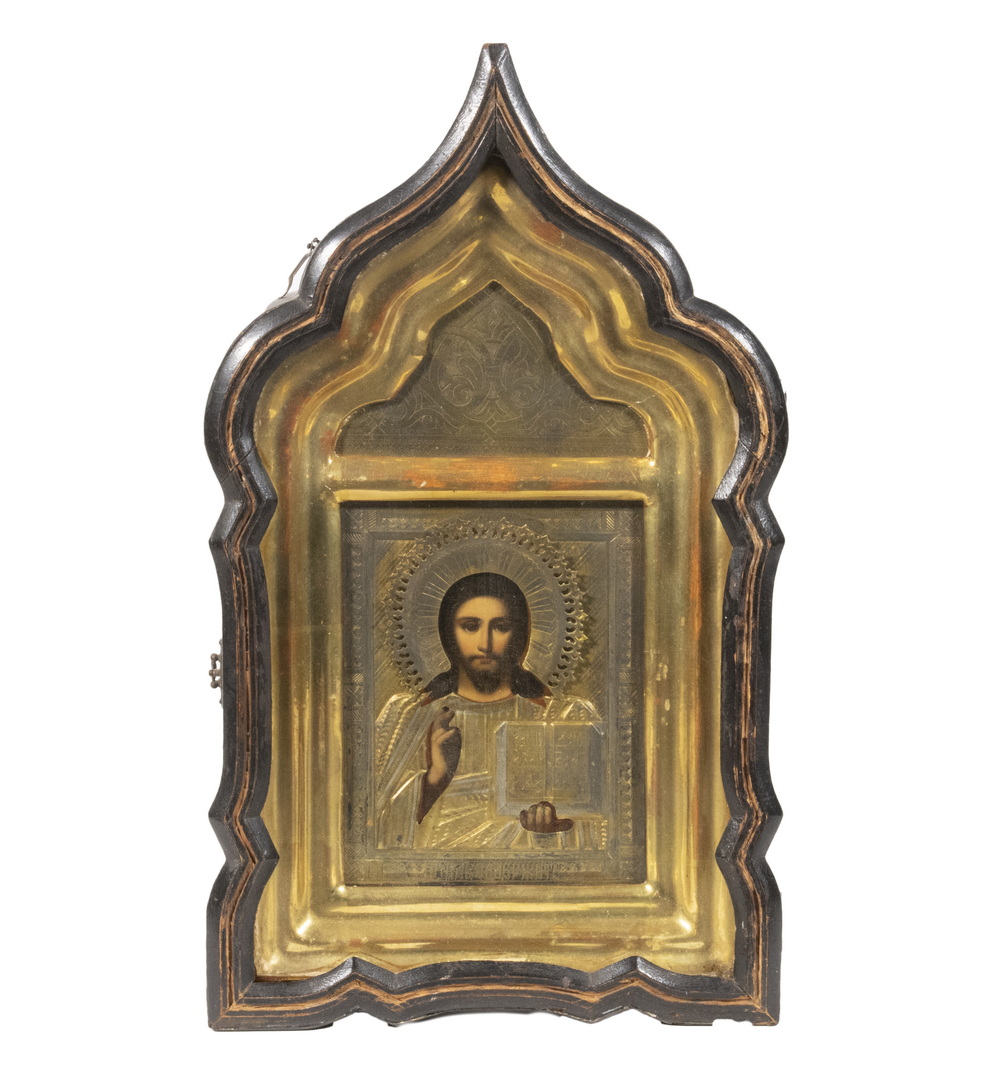 Appraisal: CASED RUSSIAN ICON Christ Pantokrator Saint Petersburg School with gilt