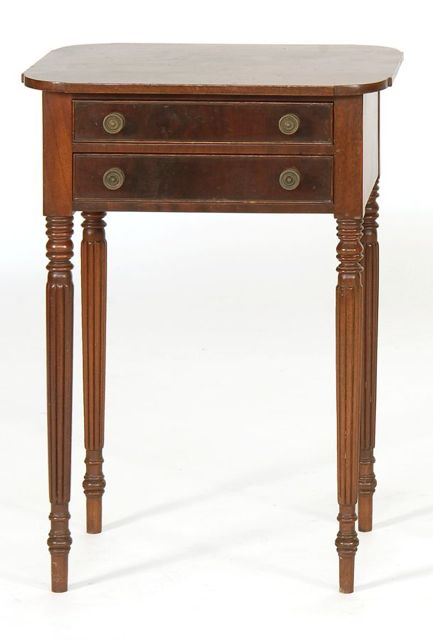 Appraisal: BENCH-MADE SHERATON-STYLE TWO-DRAWER STAND In mahogany and mahogany veneers Ribbed