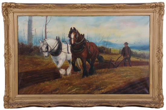 Appraisal: Brook American early th century PLOUGHING oil on canvas framed