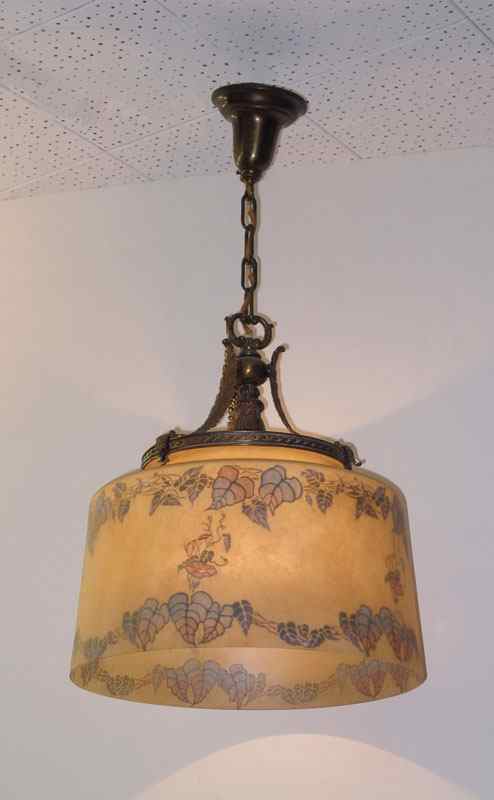 Appraisal: VINTAGE HANDPAINTED GLASS CHANDELIER Possibly Pairpoint Glass shade with hand